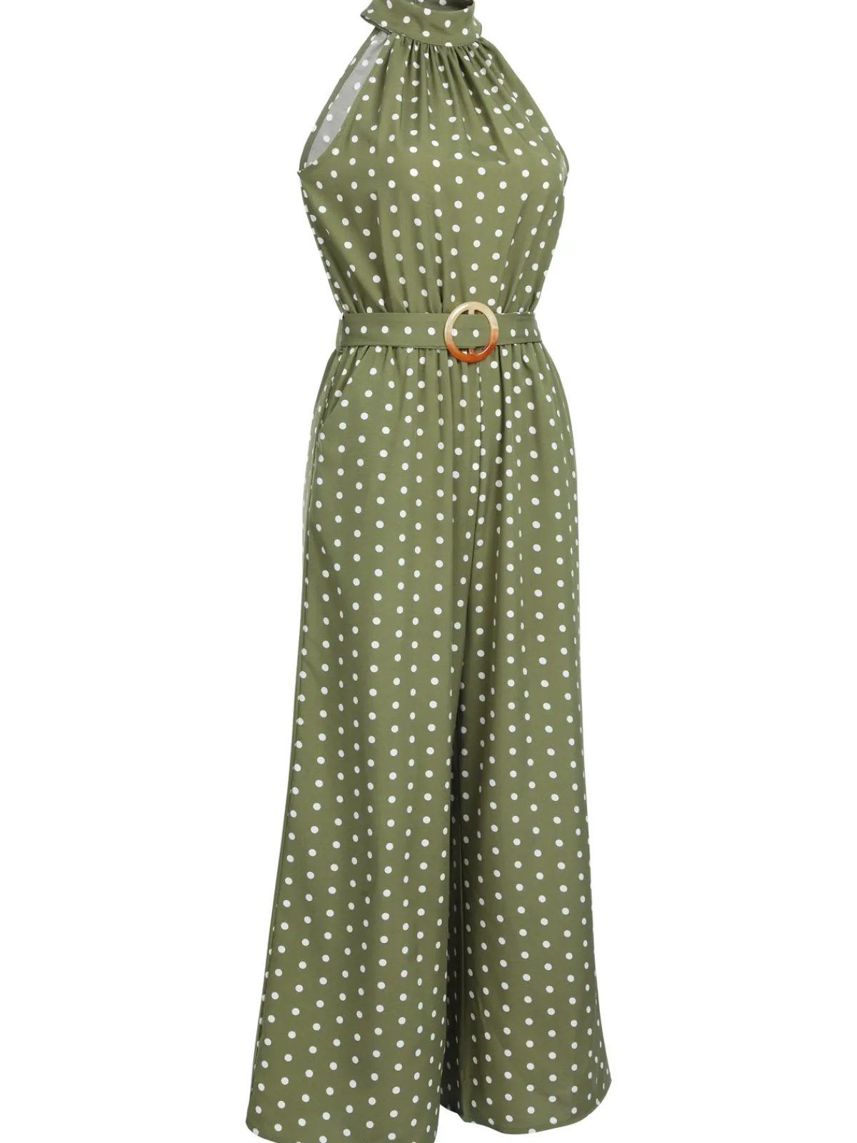 Online Retro Stage 1930s Polka Dot Belt Jumpsuit Green