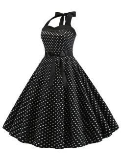 Outlet Retro Stage 1950s Polka Dot Bow Tie Halter Swing Dress Black