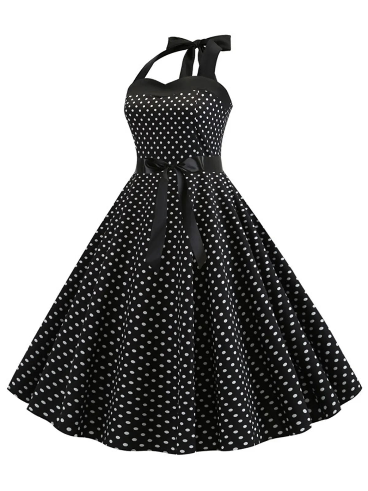 Outlet Retro Stage 1950s Polka Dot Bow Tie Halter Swing Dress Black