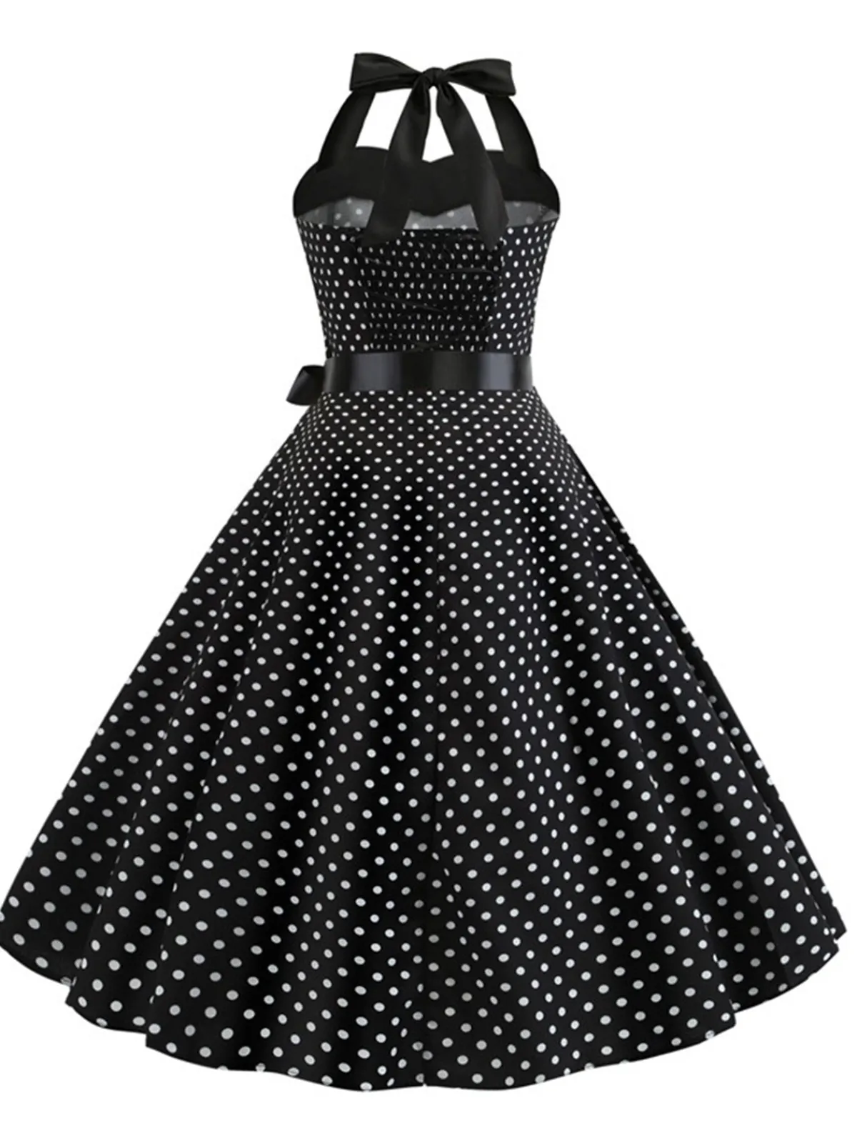 Outlet Retro Stage 1950s Polka Dot Bow Tie Halter Swing Dress Black