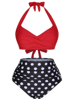 Best Retro Stage 1960s Polka Dot Halter Back Strap Swimsuit Red