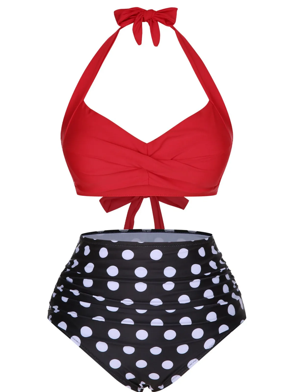 Best Retro Stage 1960s Polka Dot Halter Back Strap Swimsuit Red