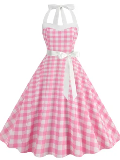 Online Retro Stage 1950s Polka Dot Halter Belt Swing Dress