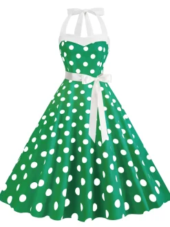 Online Retro Stage 1950s Polka Dot Halter Belt Swing Dress