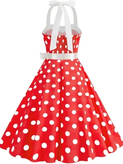 Online Retro Stage 1950s Polka Dot Halter Belt Swing Dress