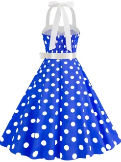 Online Retro Stage 1950s Polka Dot Halter Belt Swing Dress