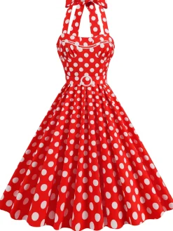 Clearance Retro Stage 1950s Polka Dot Halter Neck Belt Dress