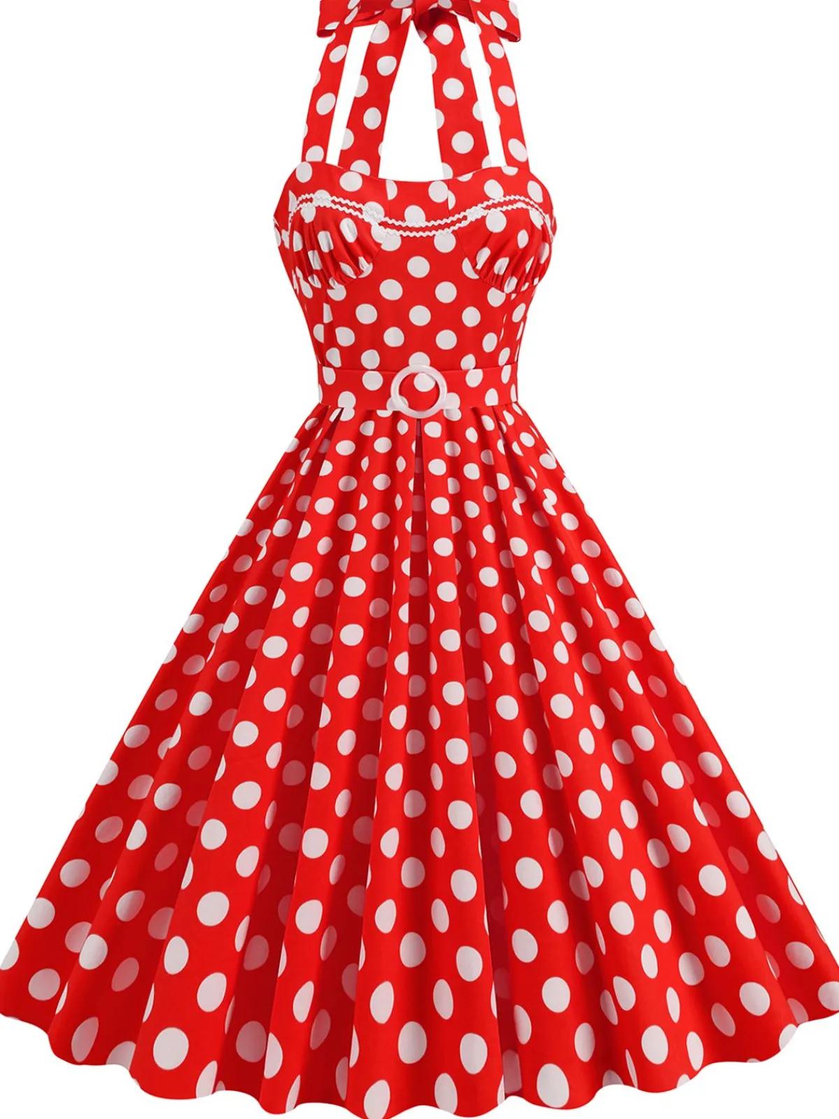 Clearance Retro Stage 1950s Polka Dot Halter Neck Belt Dress