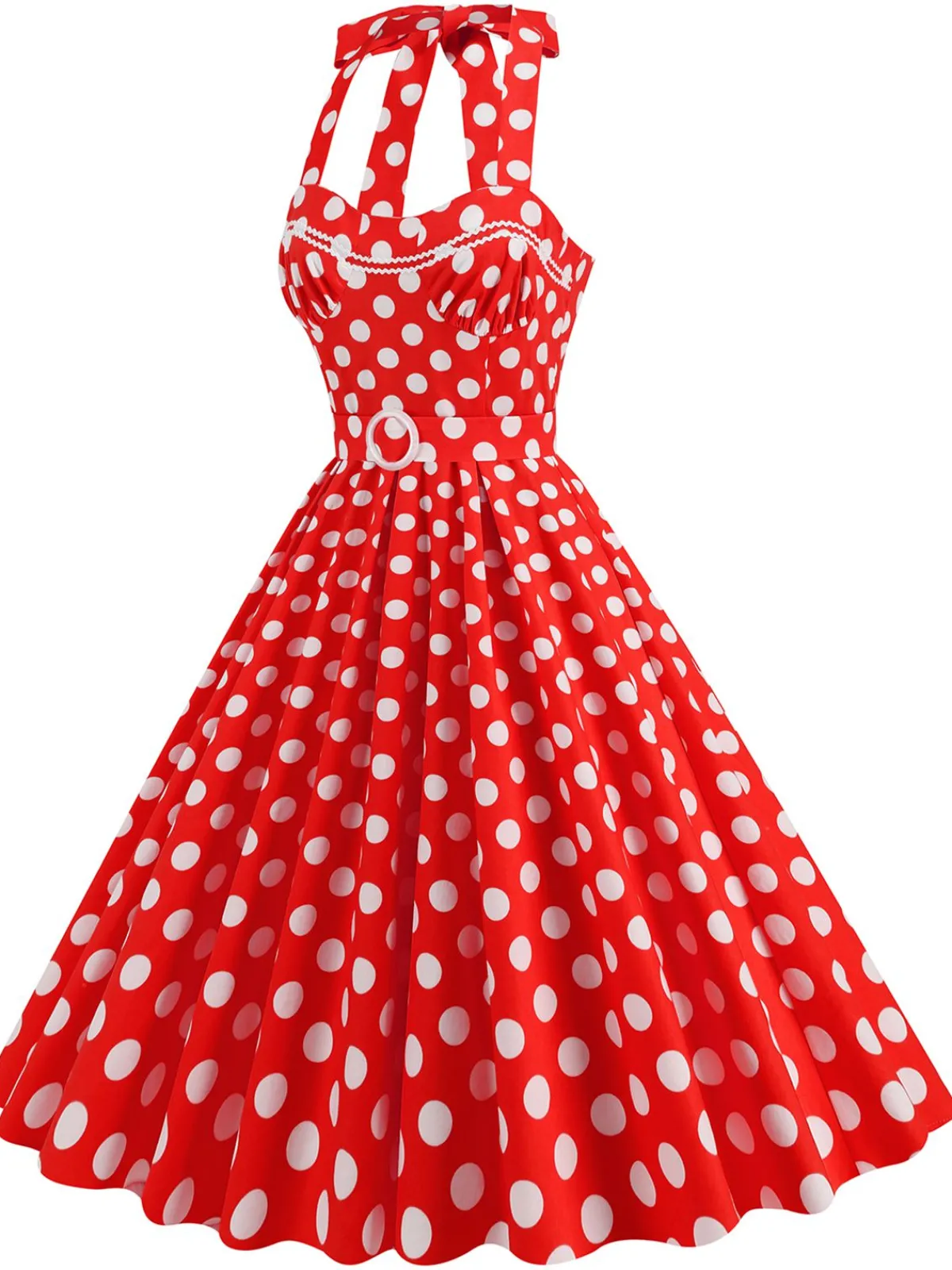 Clearance Retro Stage 1950s Polka Dot Halter Neck Belt Dress
