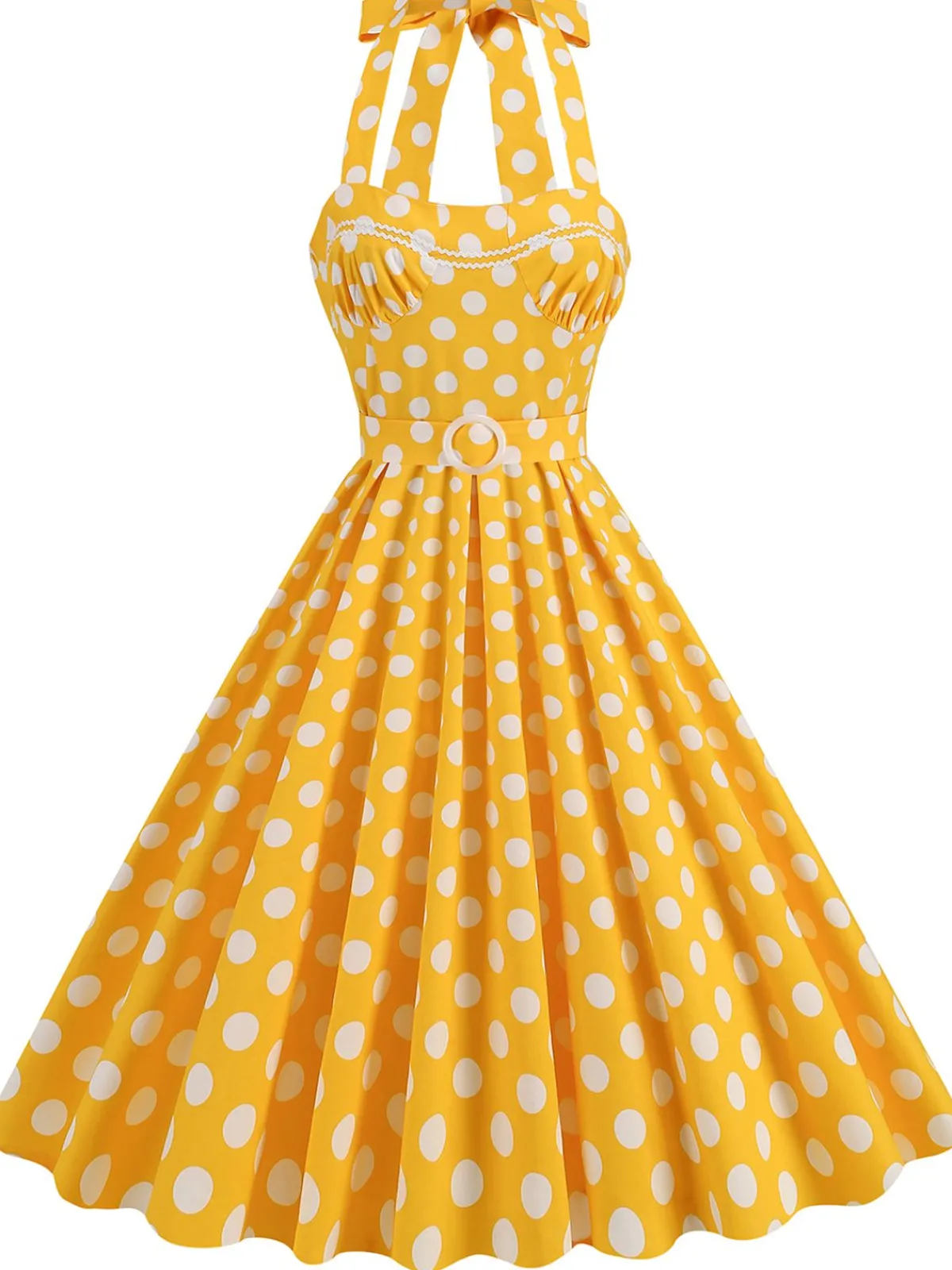 Clearance Retro Stage 1950s Polka Dot Halter Neck Belt Dress