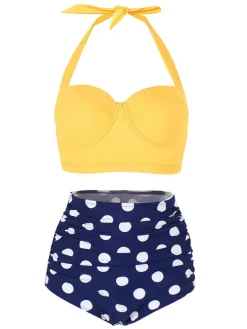Online Retro Stage 1950s Polka Dot Halter Pleated Bikini