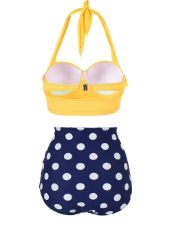Online Retro Stage 1950s Polka Dot Halter Pleated Bikini