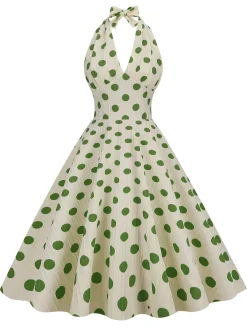 Fashion Retro Stage 1950s Polka Dot Halter Swing Dress