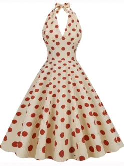 Fashion Retro Stage 1950s Polka Dot Halter Swing Dress