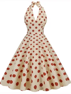 Discount Retro Stage 1950s Polka Dot Halter Swing Dress