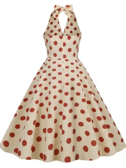 Discount Retro Stage 1950s Polka Dot Halter Swing Dress