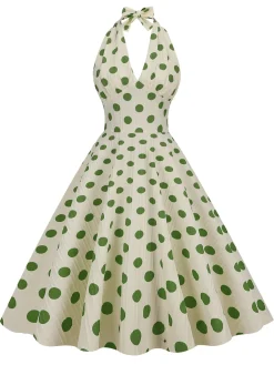 Discount Retro Stage 1950s Polka Dot Halter Swing Dress