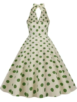 Discount Retro Stage 1950s Polka Dot Halter Swing Dress