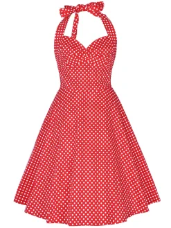 Clearance Retro Stage 1950s Polka Dot Halter Swing Dress Red