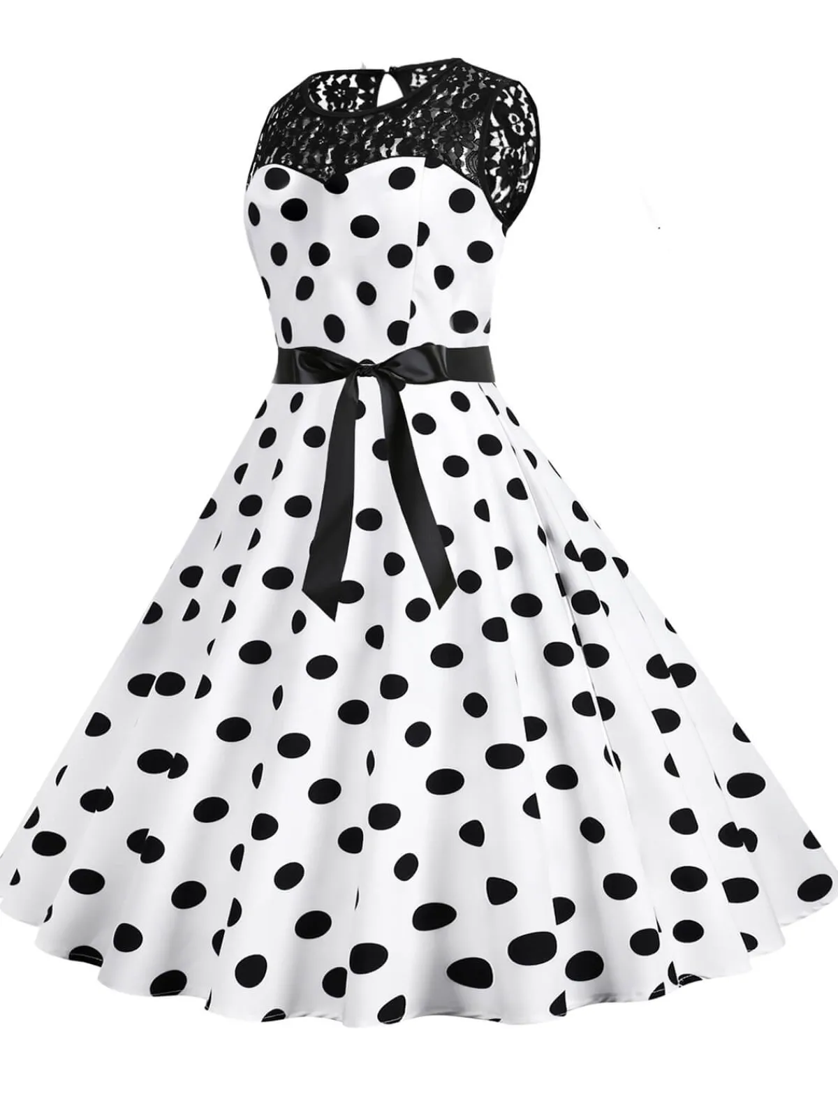 Clearance Retro Stage 1950s Polka Dot Lace Patchwork Dress White