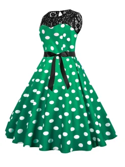Fashion Retro Stage 1950s Polka Dot Lace Patchwork Dress