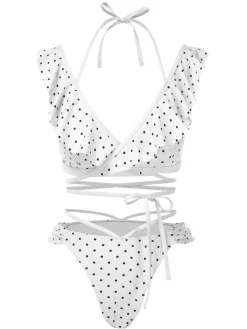 Discount Retro Stage 1970s Polka Dot Lace-Up Ruffled Bikini Set