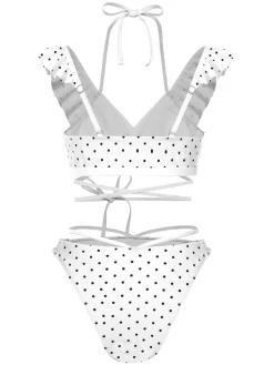 Discount Retro Stage 1970s Polka Dot Lace-Up Ruffled Bikini Set