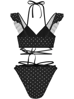Discount Retro Stage 1970s Polka Dot Lace-Up Ruffled Bikini Set