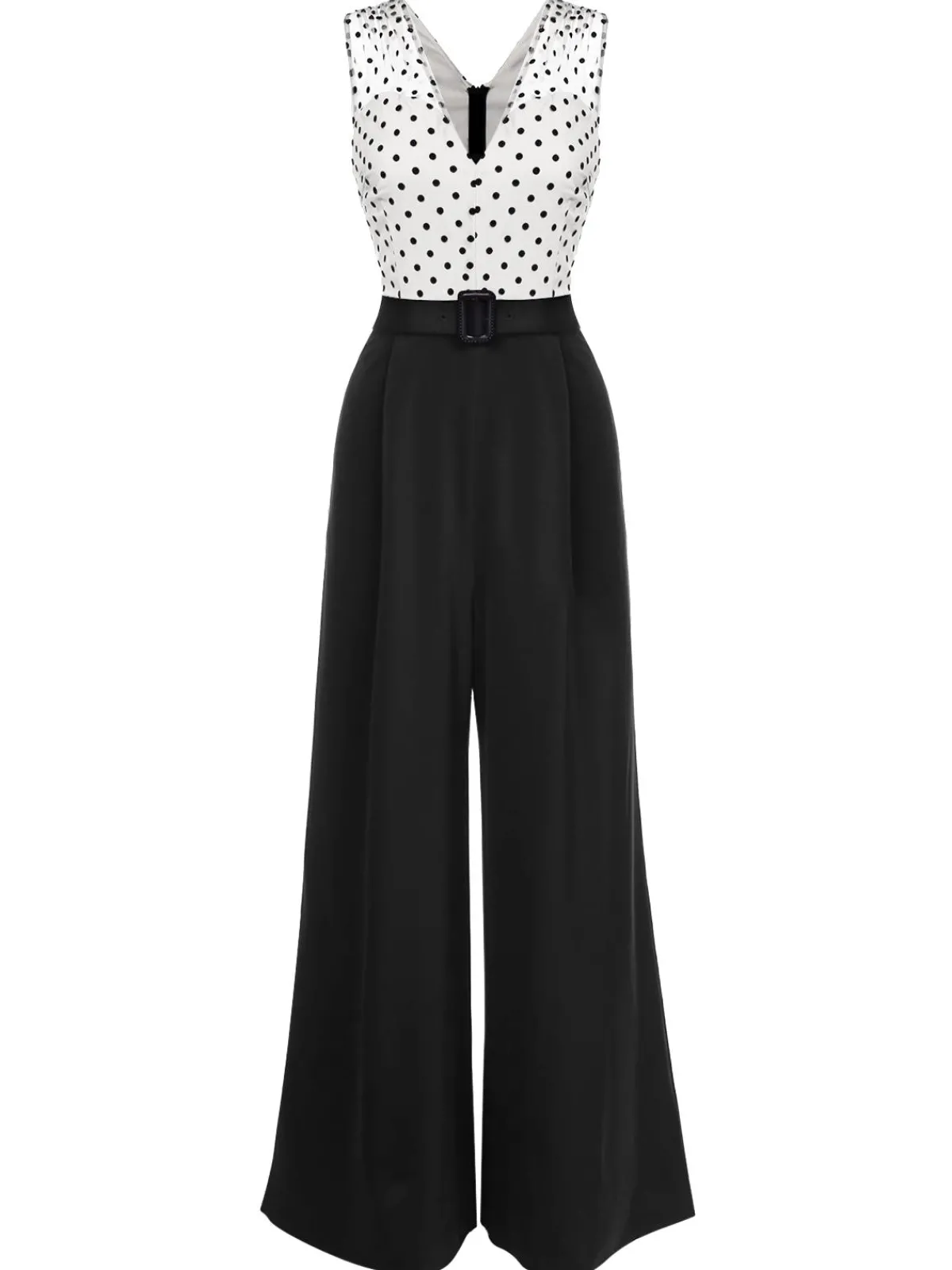 Best Retro Stage 1930s Polka Dot Patchwork Belt Jumpsuit Black