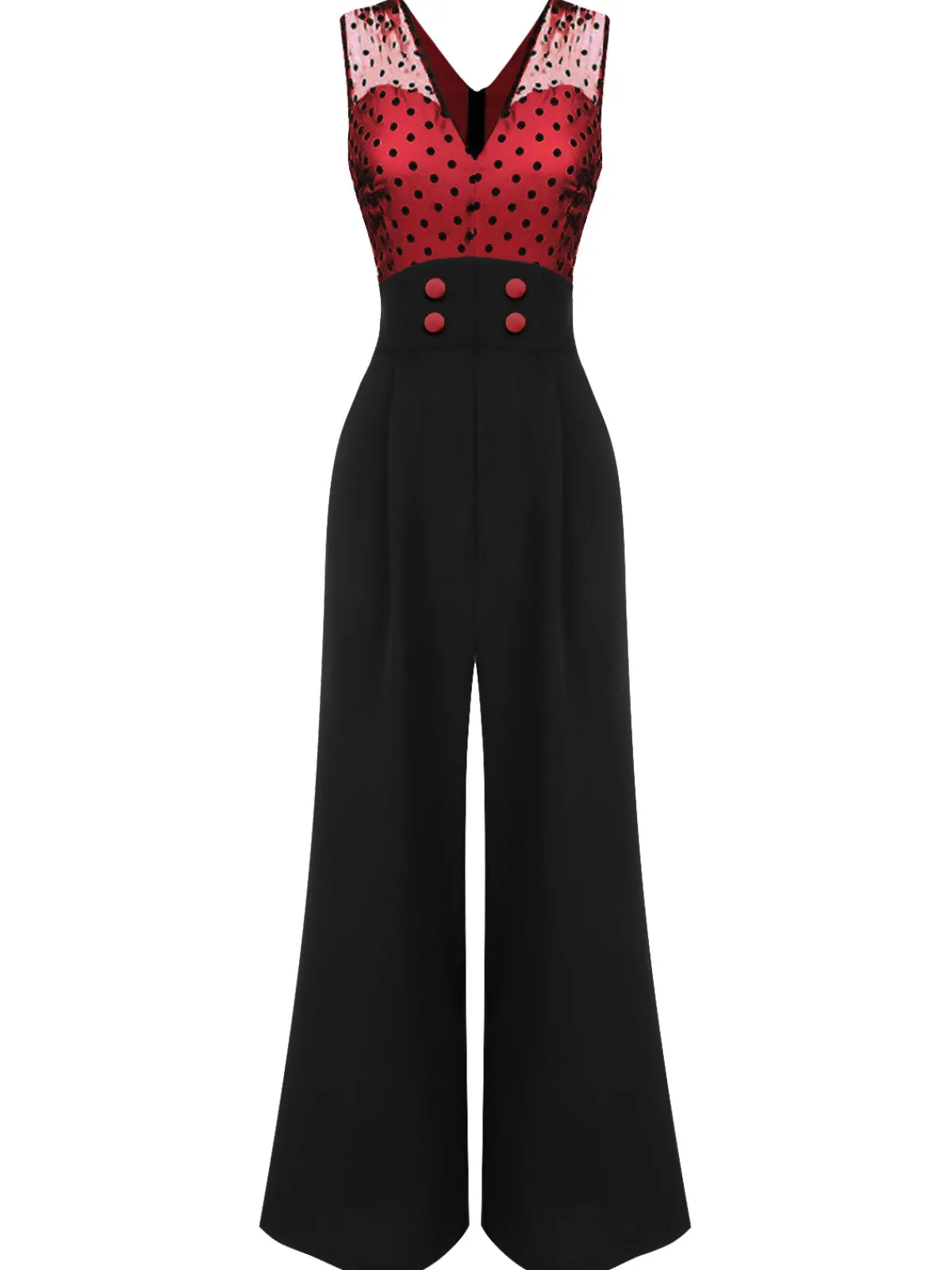 Clearance Retro Stage 1930s Polka Dot Patchwork Button Jumpsuit