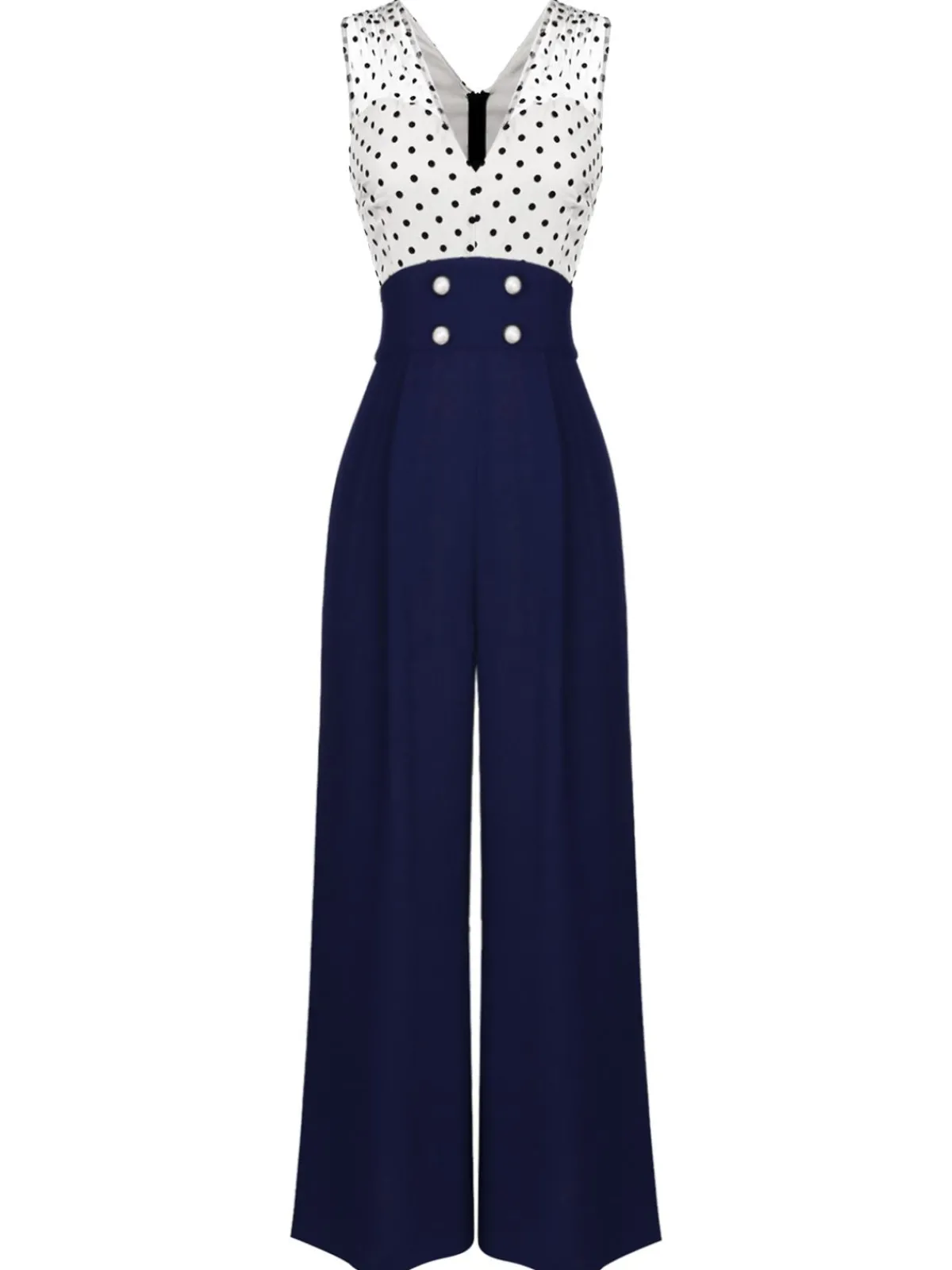 Clearance Retro Stage 1930s Polka Dot Patchwork Button Jumpsuit