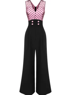 Clearance Retro Stage 1930s Polka Dot Patchwork Button Jumpsuit