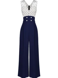 Clearance Retro Stage 1930s Polka Dot Patchwork Button Jumpsuit