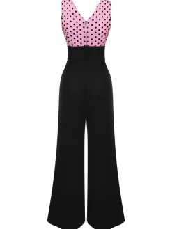 Clearance Retro Stage 1930s Polka Dot Patchwork Button Jumpsuit