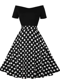 Sale Retro Stage 1950s Polka Dot Patchwork Short Sleeves Dress