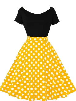 Sale Retro Stage 1950s Polka Dot Patchwork Short Sleeves Dress