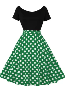 Clearance Retro Stage 1950s Polka Dot Patchwork Short Sleeves Dress