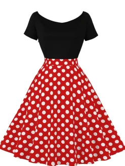 Clearance Retro Stage 1950s Polka Dot Patchwork Short Sleeves Dress