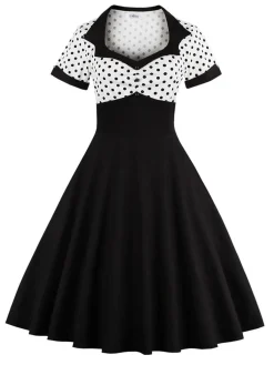 Hot Retro Stage 1950s Polka Dot Patchwork Swing Dress