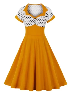 Discount Retro Stage 1950s Polka Dot Patchwork Swing Dress