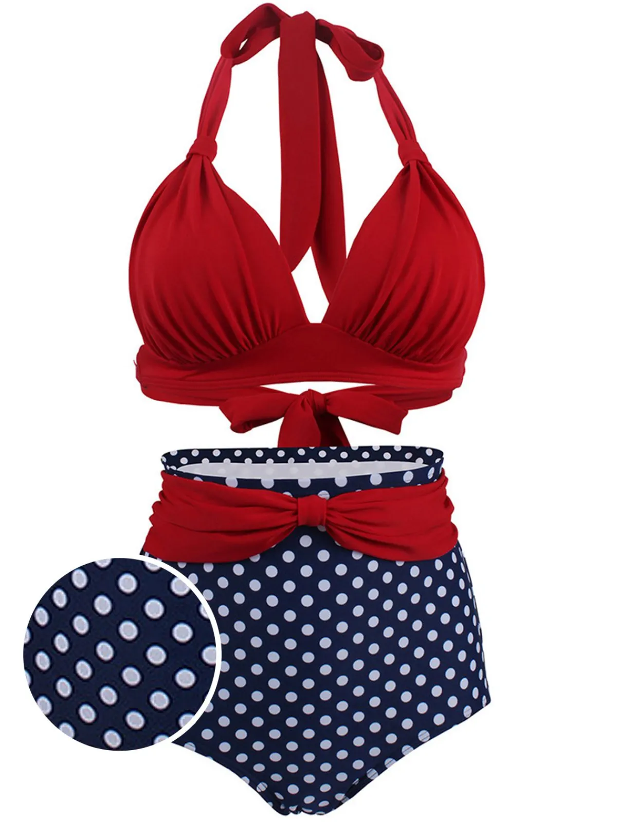 Discount Retro Stage 1950s Polka Dot Pleated Halter Bikini