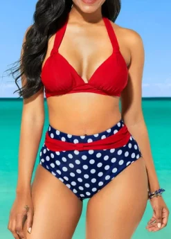 Discount Retro Stage 1950s Polka Dot Pleated Halter Bikini
