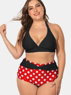 Discount Retro Stage 1950s Polka Dot Pleated Halter Bikini