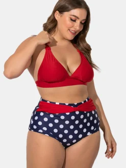Discount Retro Stage 1950s Polka Dot Pleated Halter Bikini