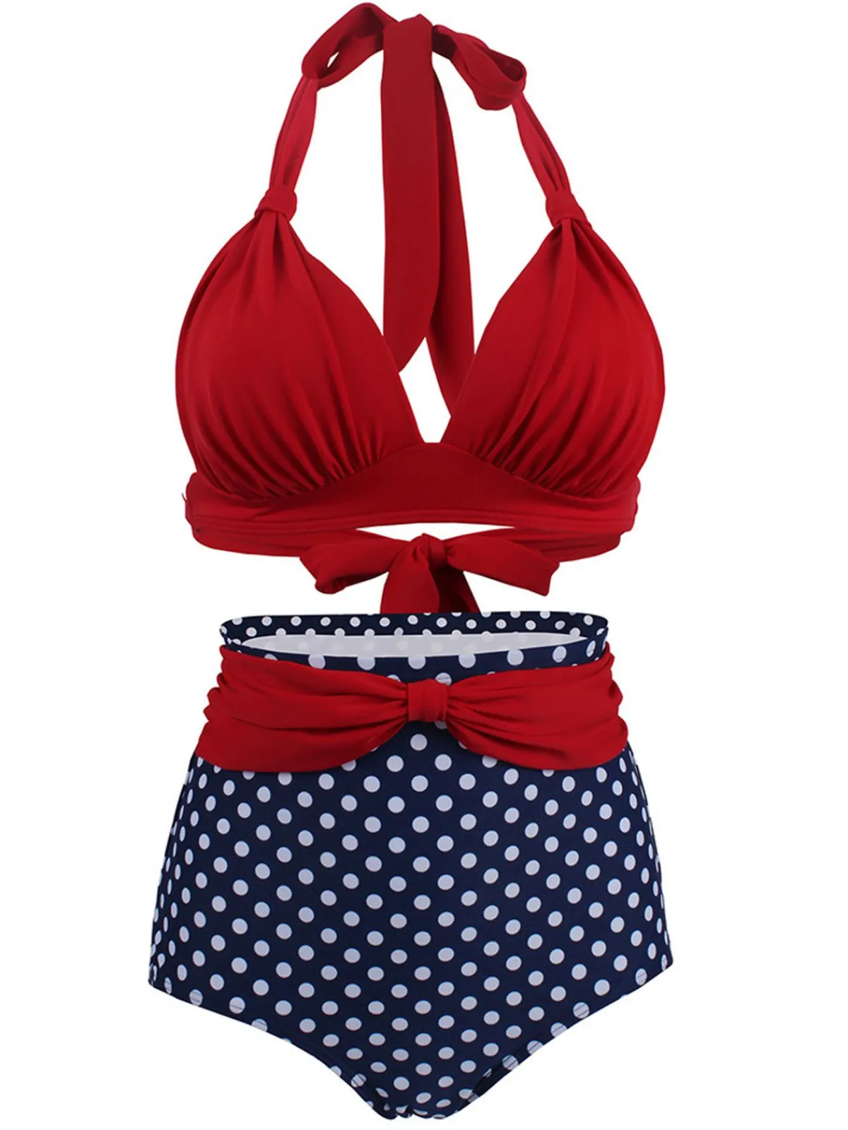 Discount Retro Stage 1950s Polka Dot Pleated Halter Bikini
