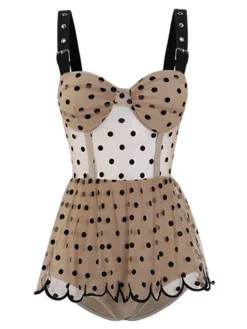 Clearance Retro Stage 1960s Polka Dot Ruffled Skirted Swimsuit Khaki