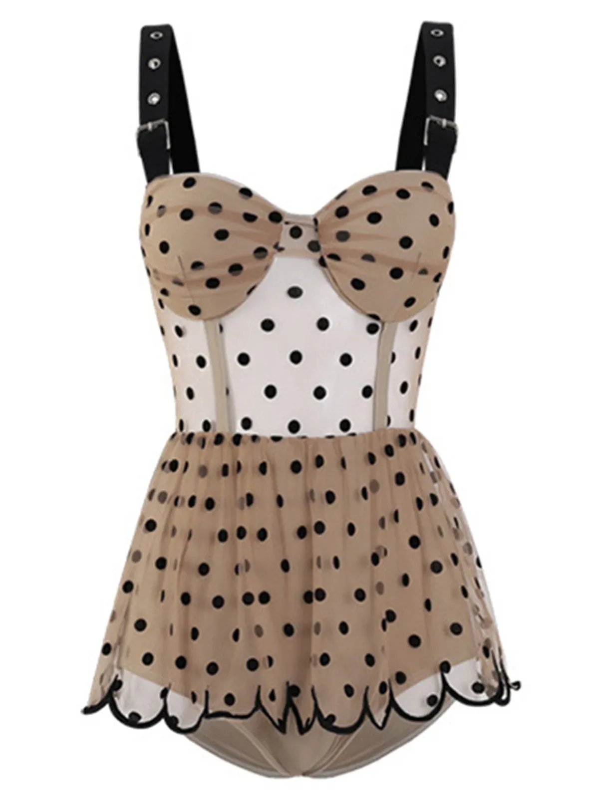 Clearance Retro Stage 1960s Polka Dot Ruffled Skirted Swimsuit Khaki
