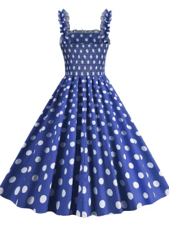 Best Retro Stage 1950s Polka Dot Smocking Strap Dress