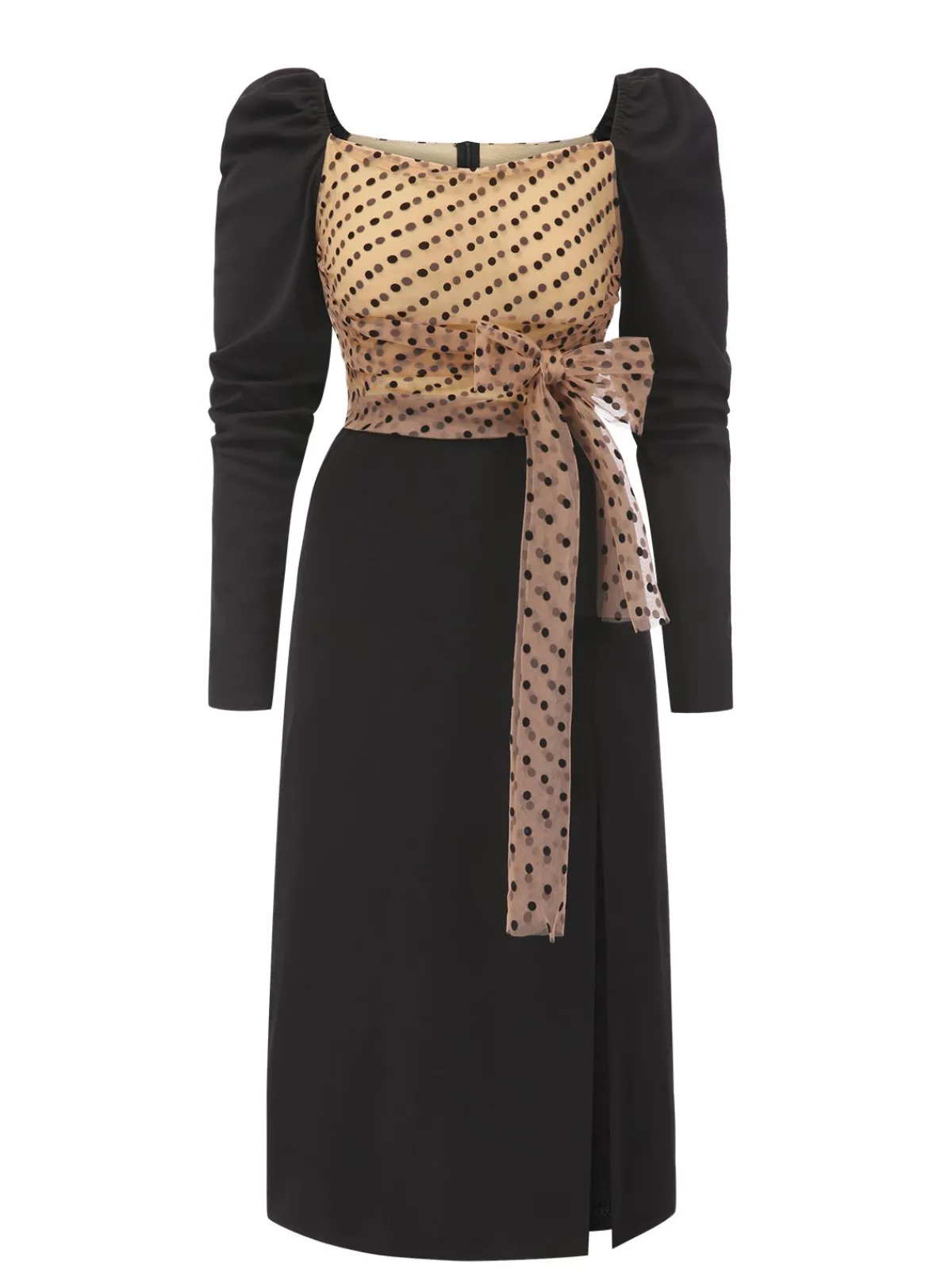 Outlet Retro Stage 1960s Polka Dot Waist Bow Long Sleeve Dress Black