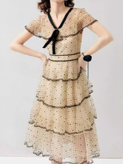 New Retro Stage 1950s Polka Dots Bow Mesh Tiered Dress Cream Color
